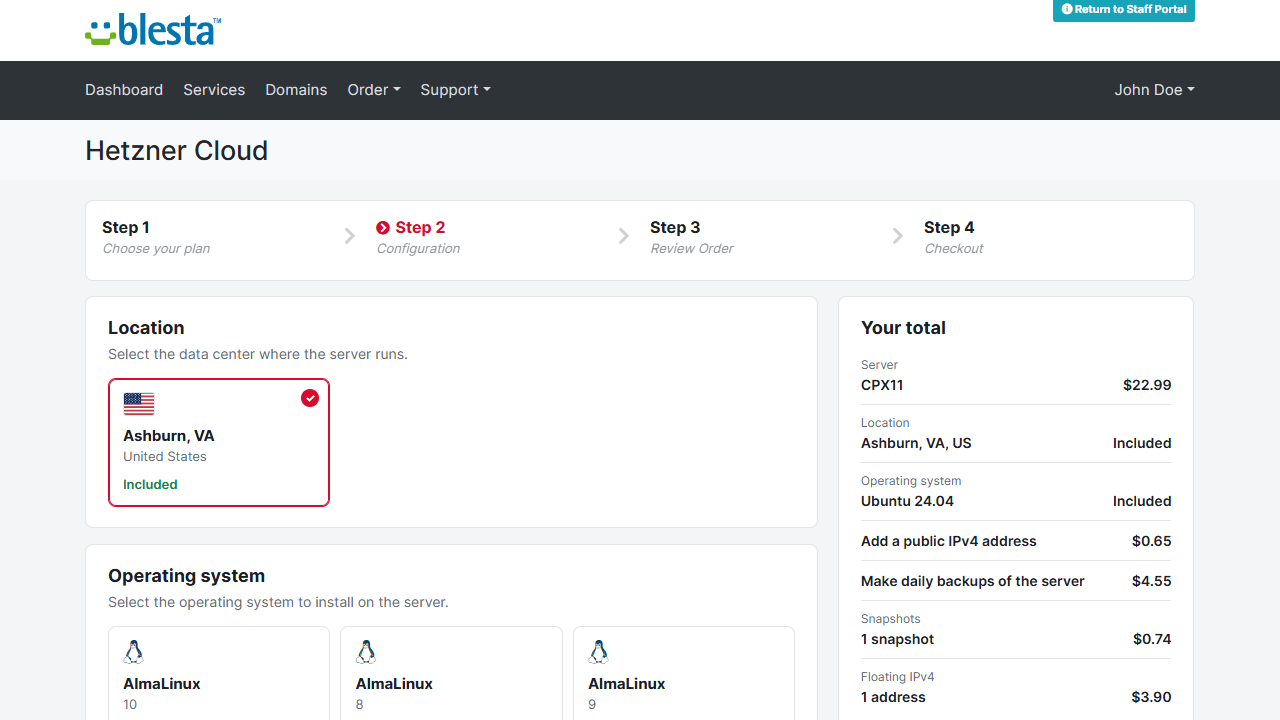 Φόρμα παραγγελίας Blesta σε στυλ Hetzner Cloud Console: η κάρτα τοποθεσίας με τη σημαία των ΗΠΑ, οι κάρτες λειτουργικού συστήματος και το πάνελ Your total με τον server, τη δημόσια IPv4, τα backups, ένα snapshot και μία floating IPv4