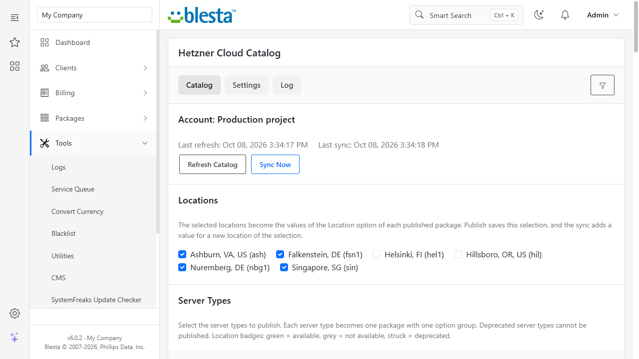 Σελίδα Catalog του plugin στο admin του Blesta: ο λογαριασμός, η τελευταία ανανέωση και συγχρονισμός, τα πλαίσια επιλογής τοποθεσιών και ο πίνακας τύπων server