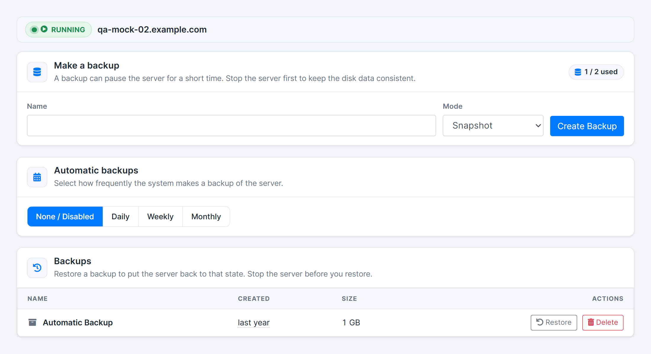 Καρτέλα Backups στο client area του Blesta: φόρμα backup με μετρητή 1 από 2, κουμπιά αυτόματου προγράμματος και λίστα backups με κουμπιά επαναφοράς και διαγραφής