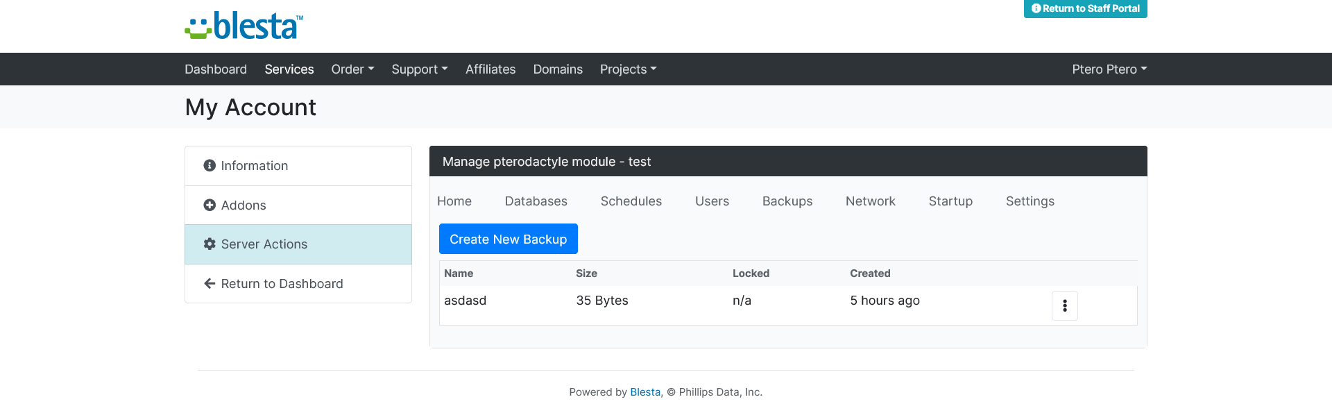 Καρτέλα Backups: δημιουργία και διαχείριση backups server κατ' απαίτηση