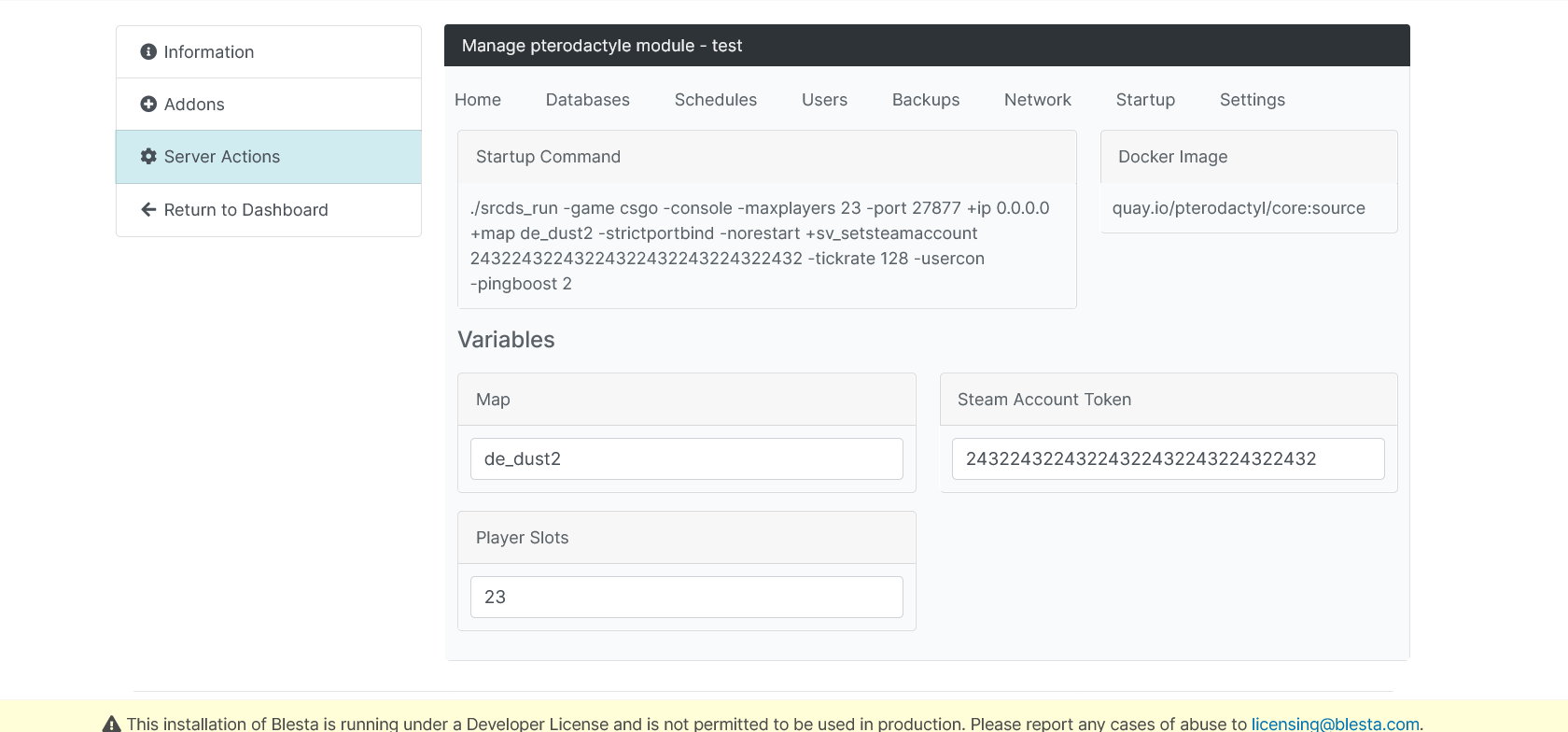 Καρτέλα Startup: startup command, Docker image και επεξεργάσιμες μεταβλητές (map, slots, tokens)