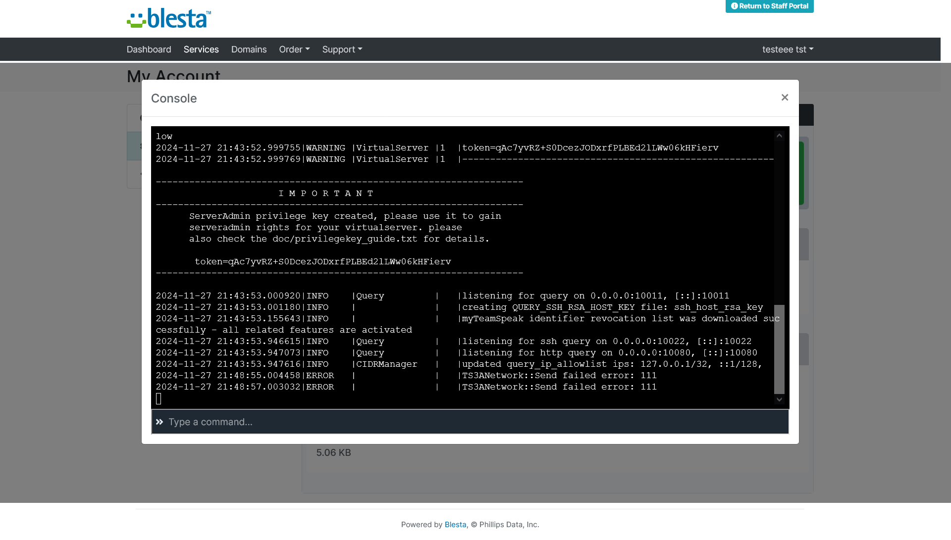 Real-time console server με ζωντανό log output και πεδίο εντολών, μέσα στο Blesta