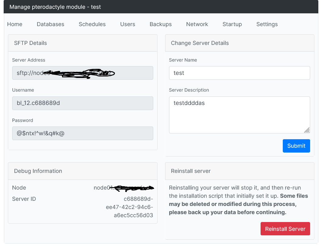 Καρτέλα Settings: στοιχεία SFTP, μετονομασία server και reinstall