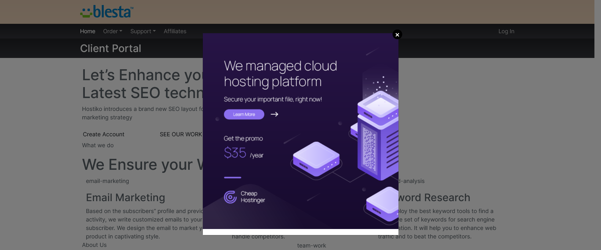 Ένα προωθητικό pop-up εμφανισμένο πάνω στο client portal του Blesta