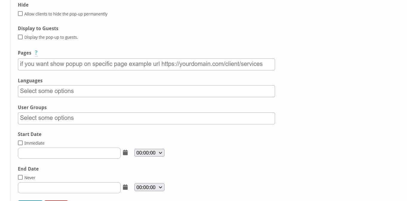 Ρυθμίσεις pop-up admin: στόχευση σελίδας, γλώσσας, user-group και προγραμματισμός start/end