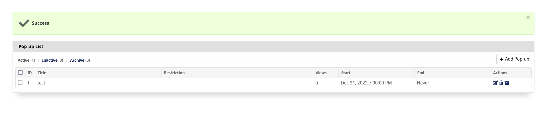 Λίστα Pop-up admin με μετρήσεις προβολών και καταστάσεις Active / Inactive / Archive