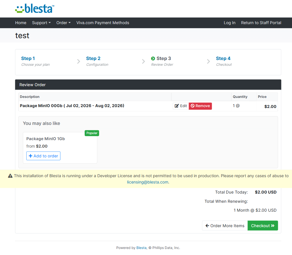 Widget cross-sell «Μπορεί επίσης να σας αρέσει» στη σελίδα review παραγγελίας του Blesta