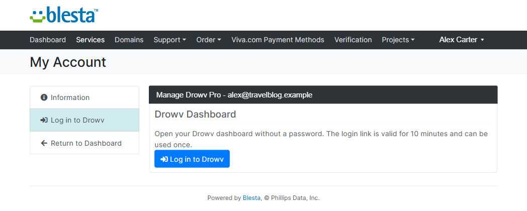 Περιοχή πελάτη Blesta με την καρτέλα Log in to Drowv και το κουμπί σύνδεσης μίας χρήσης