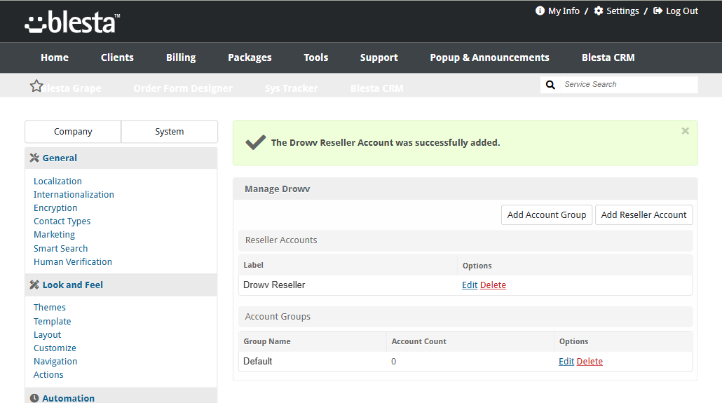 Σελίδα Manage Drowv στο Blesta με έναν reseller λογαριασμό και μια ομάδα λογαριασμών
