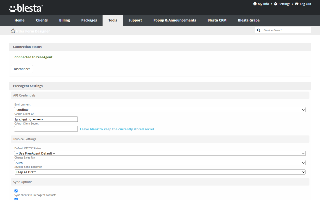 FreeAgent Accounting Sync — ρυθμίσεις και σύνδεση OAuth στο Blesta