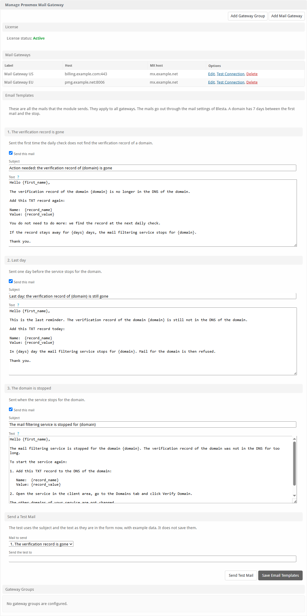 Σελίδα του module στο Blesta με τη λίστα gateway, τα τρία πρότυπα email και το πλαίσιο Send Test Mail