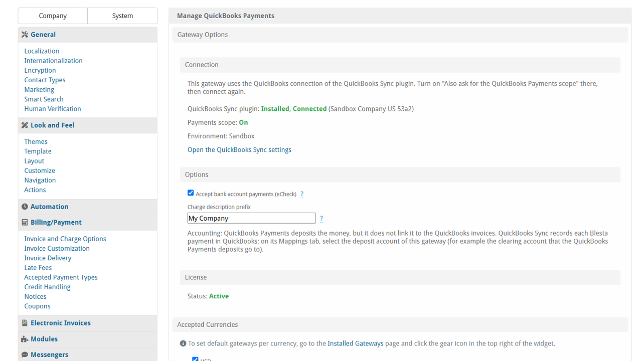Ρυθμίσεις του gateway QuickBooks Payments στο Blesta