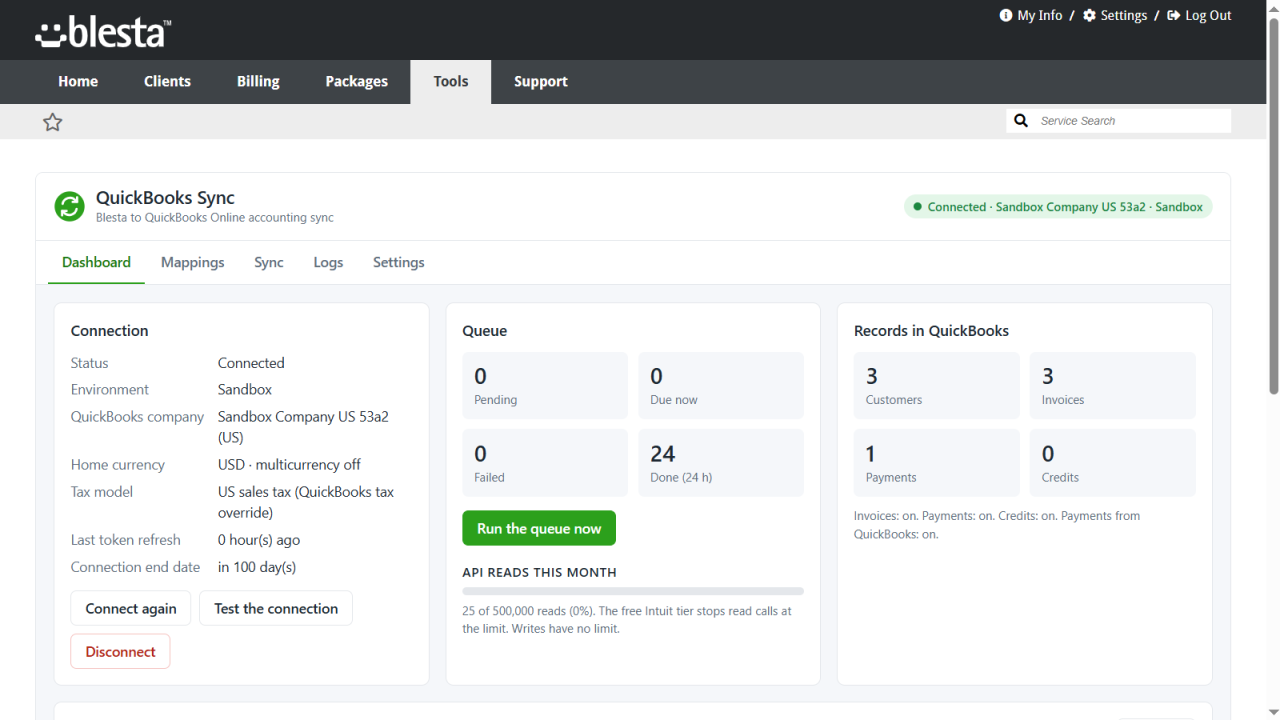 Ο πίνακας του plugin QuickBooks Sync στο Blesta