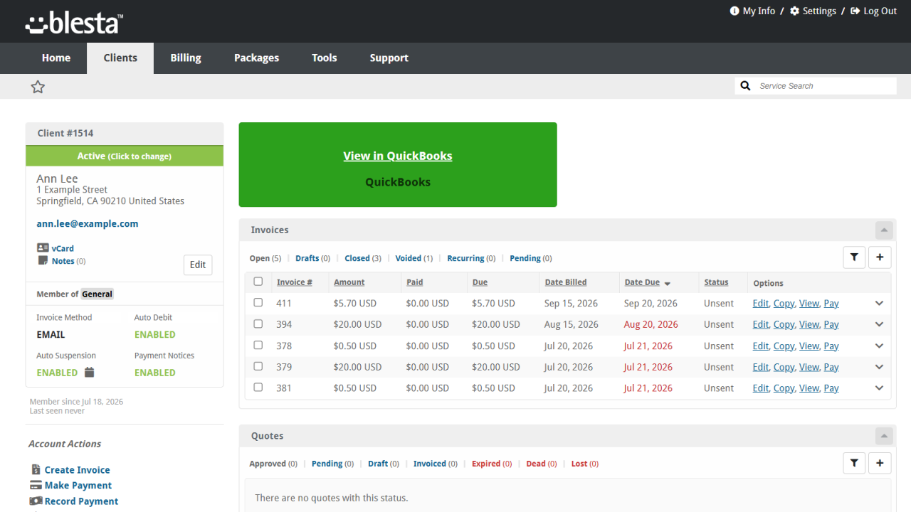 Κάρτα View in QuickBooks στο προφίλ πελάτη