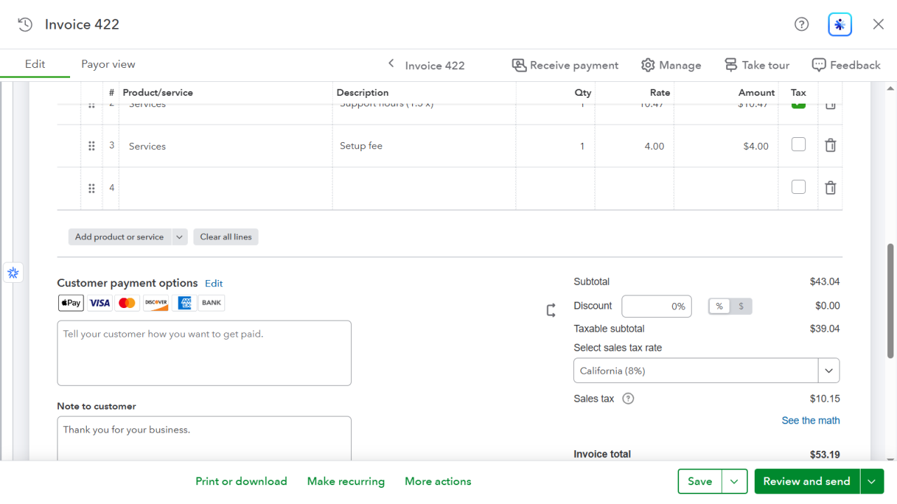 Ένα τιμολόγιο του Blesta στο QuickBooks Online