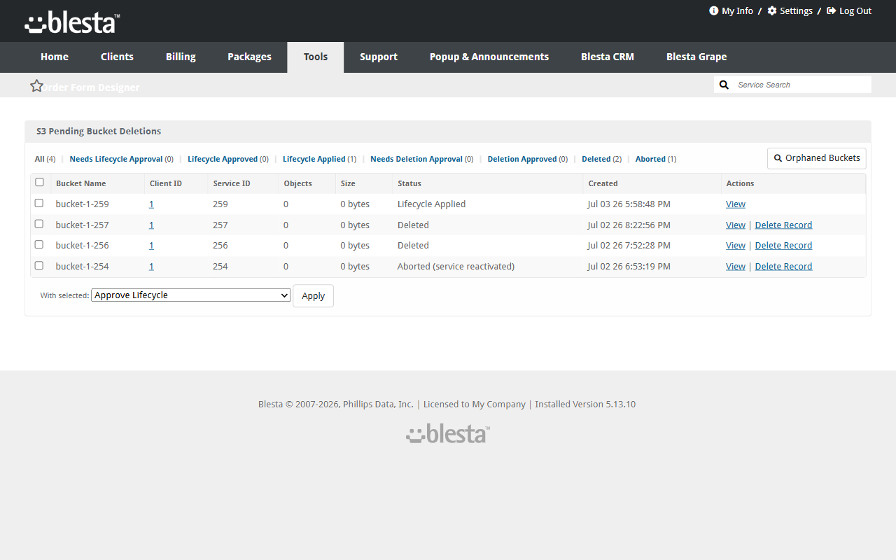 Σταδιακή διαγραφή bucket από admin με στάδια έγκρισης lifecycle και διαγραφής