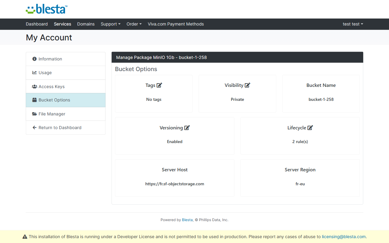 Επιλογές bucket πελάτη: tags, ορατότητα, versioning, κανόνες lifecycle και server region