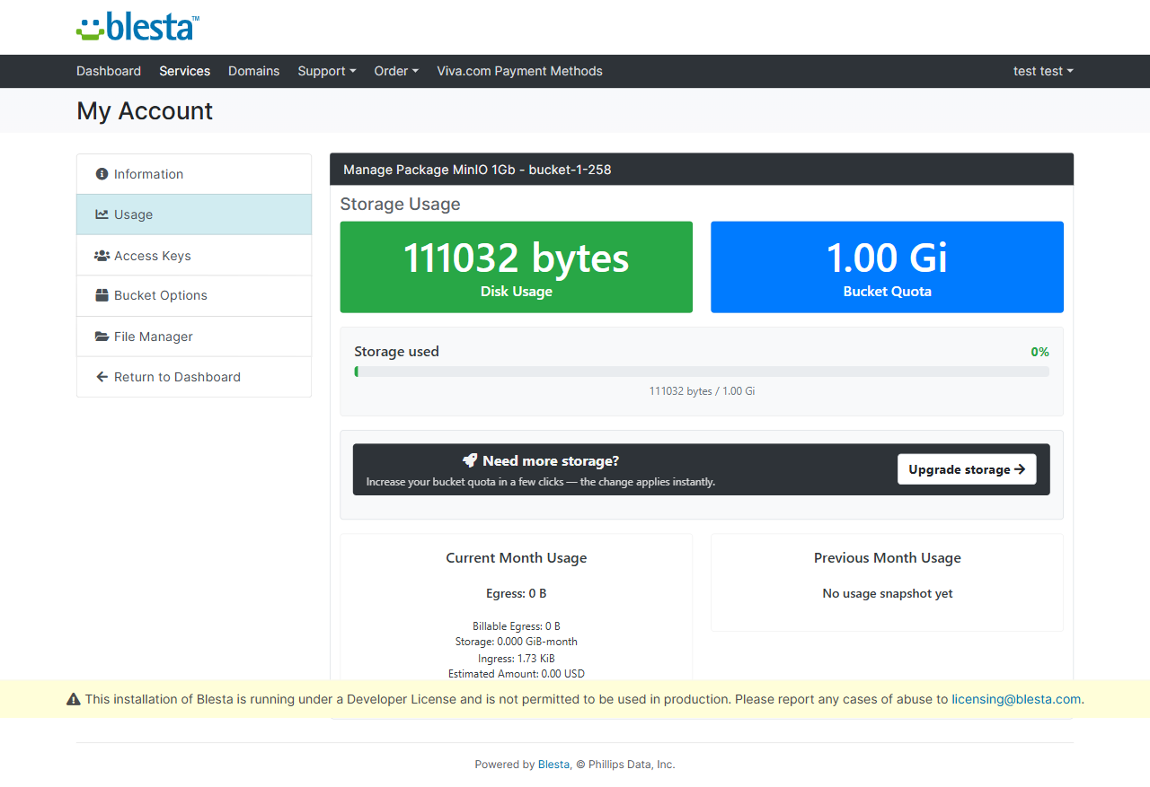 Πίνακας χρήσης και quota object storage στο client area του Blesta