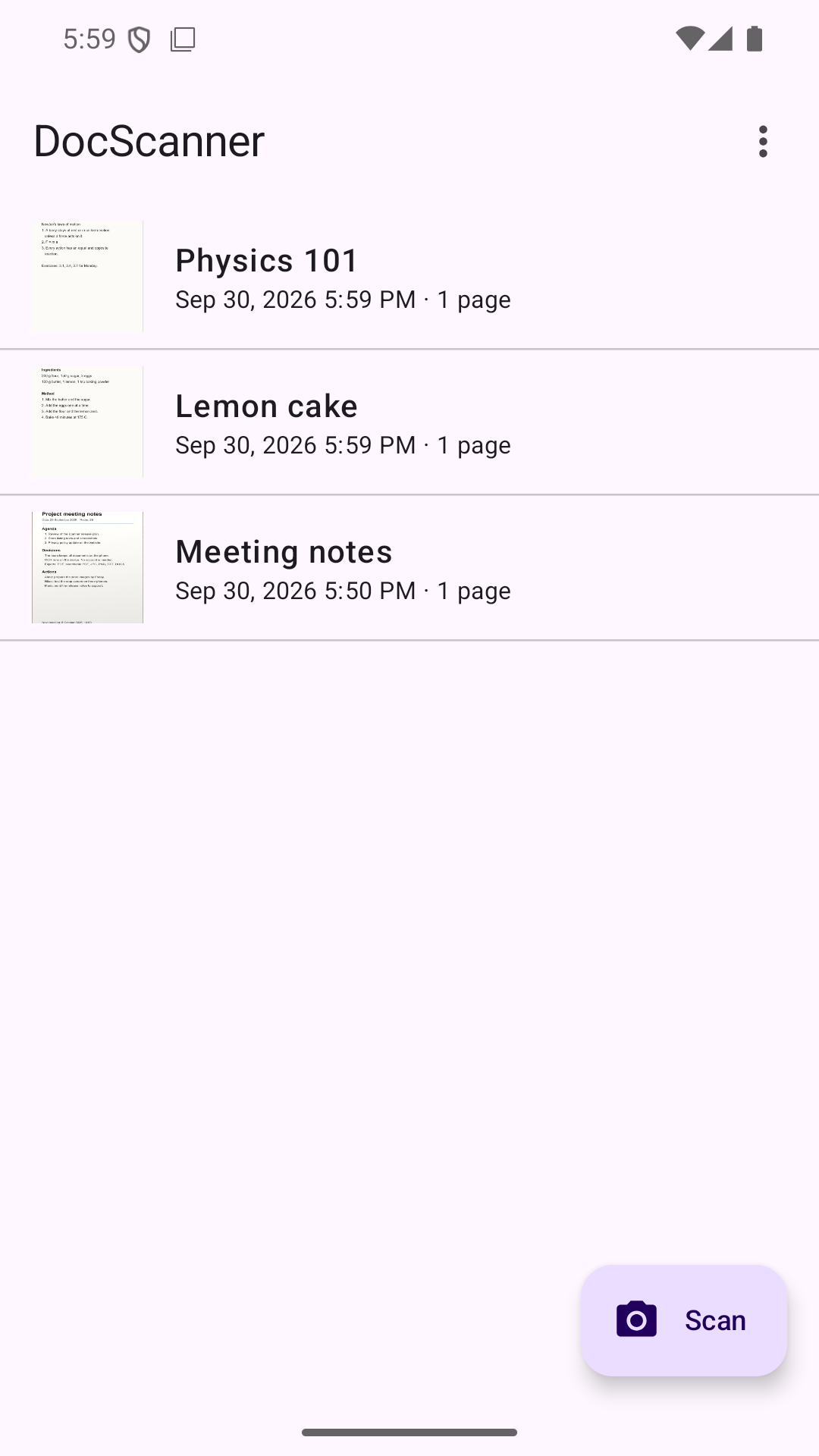 Η λίστα εγγράφων του DocScanner με τρία έγγραφα, Physics 101, Lemon cake και Meeting notes, και το κουμπί Scan