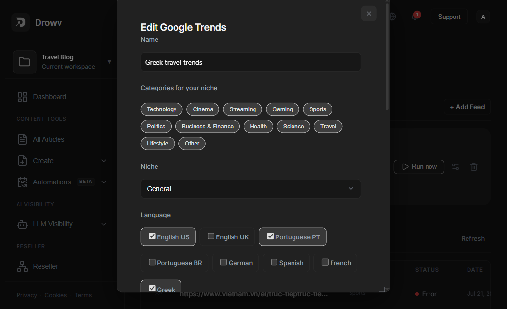 Ρυθμίσεις ροής Google Trends με κατηγορίες θεματολογίας και γλώσσες άρθρων