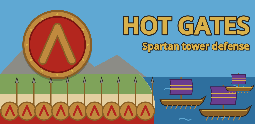 Εικόνα τίτλου του Hot Gates: σπαρτιατική ασπίδα, σειρά οπλιτών και περσικά πλοία στη θάλασσα