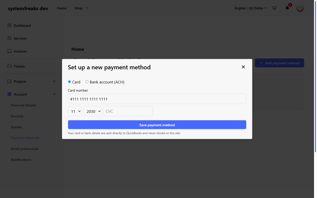 Ένας πελάτης του Paymenter αποθηκεύει κάρτα με QuickBooks Payments