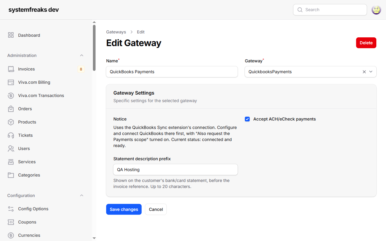 Ρυθμίσεις του gateway QuickBooks Payments στο admin του Paymenter