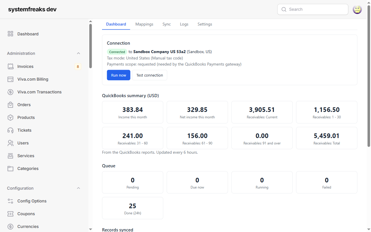 Ο πίνακας του QuickBooks Sync στο admin του Paymenter