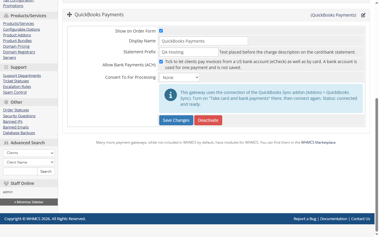 Ρυθμίσεις του gateway QuickBooks Payments στο WHMCS