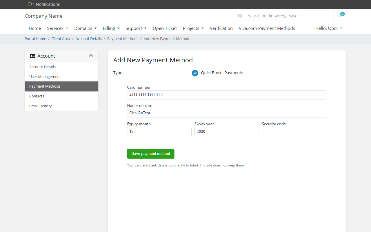 Ένας πελάτης του WHMCS προσθέτει κάρτα μέσω QuickBooks Payments