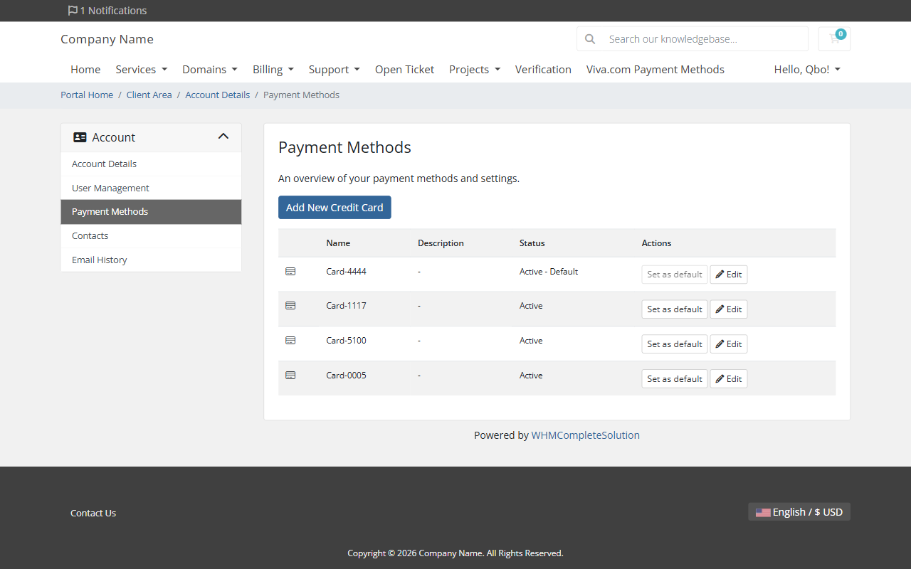 Αποθηκευμένες κάρτες QuickBooks Payments στην περιοχή πελάτη του WHMCS