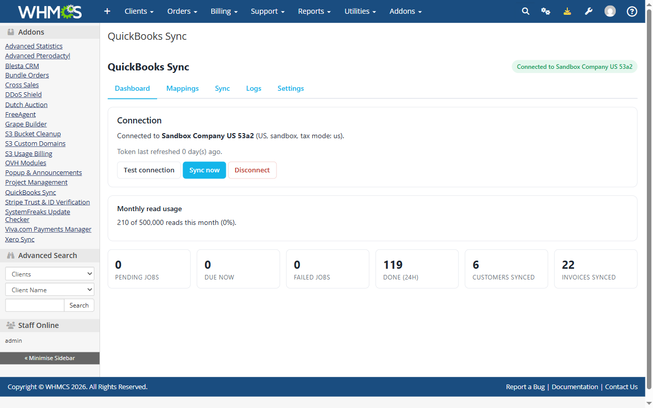Ο πίνακας του addon QuickBooks Sync στο WHMCS