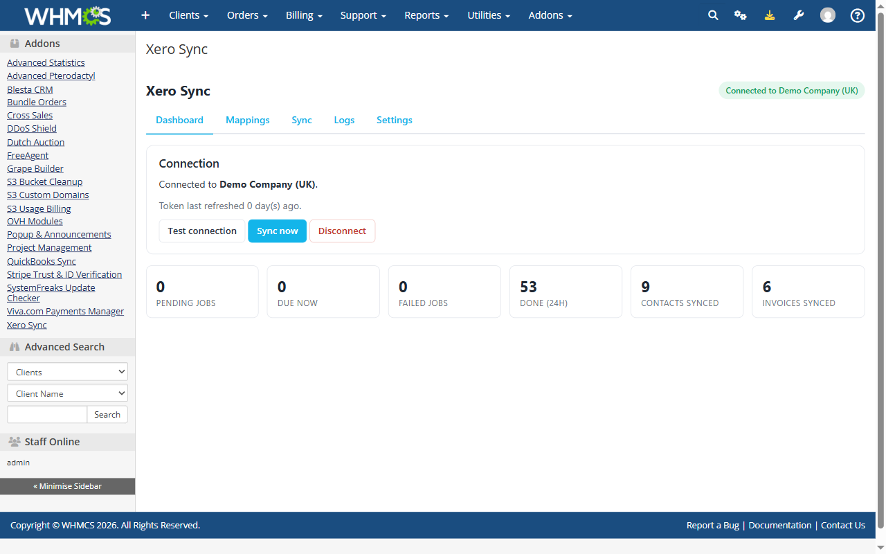 Ο πίνακας του addon Xero Sync στο WHMCS