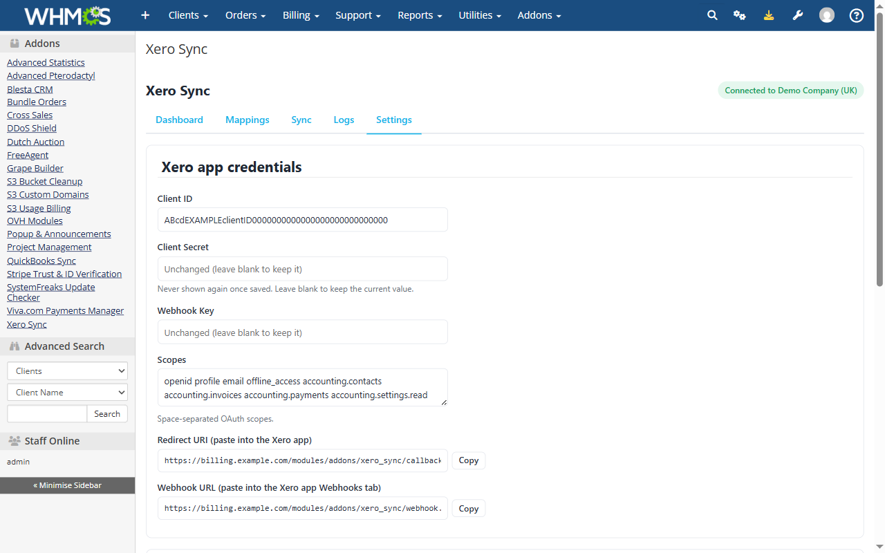 Στοιχεία εφαρμογής Xero, redirect URI και webhook URL